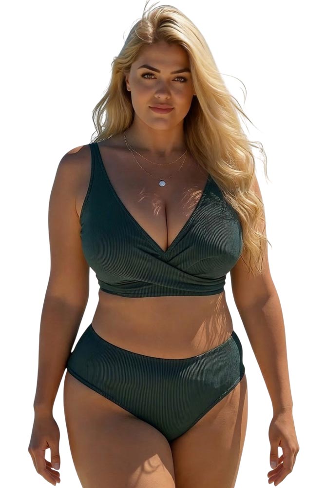 Πράσινο plus size μπικίνι ψηλόμεσο με ριμπ ύφανση