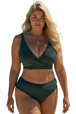 Πράσινο plus size μπικίνι ψηλόμεσο με ριμπ ύφανση
