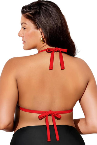Πίσω όψη plus size μαγιό τοπ κόκκινο με δέσιμο στην πλάτη και τον λαιμό