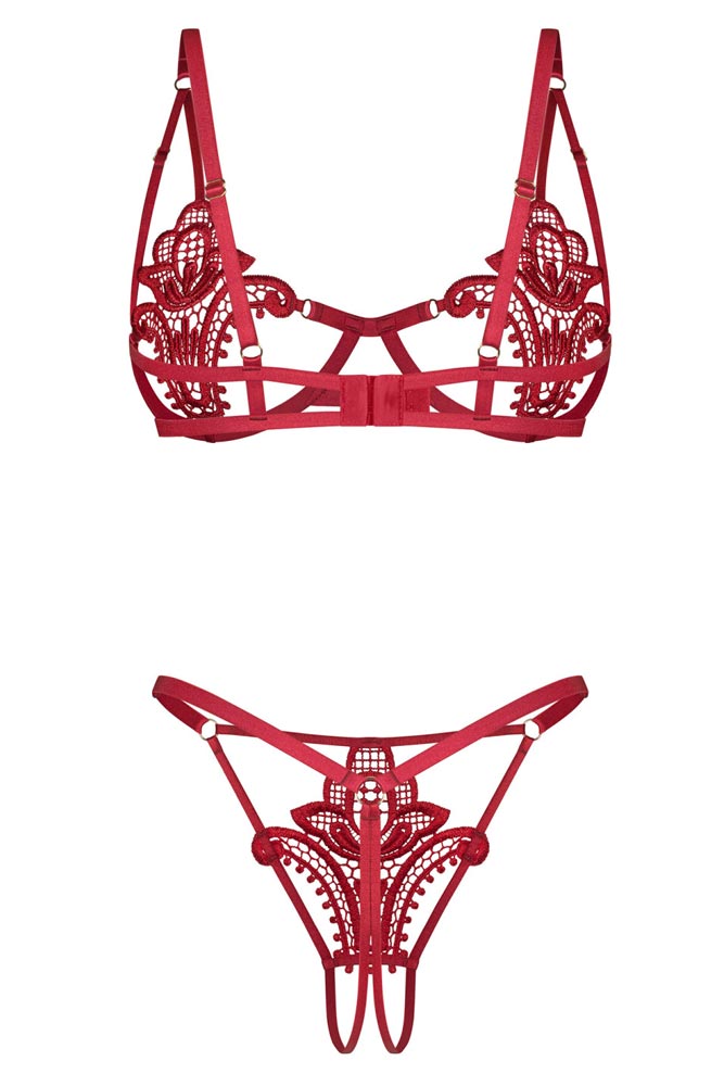 Λεπτομέρεια κόκκινη δαντέλα και crotchless string Luise Sublim πίσω όψη