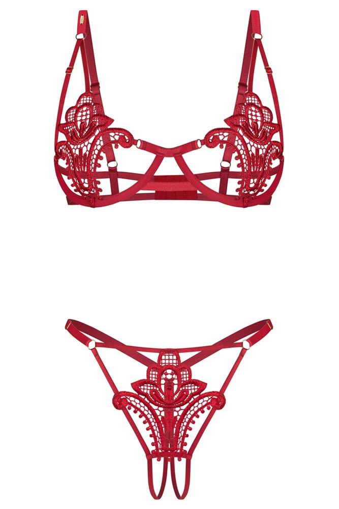 Λεπτομέρεια κόκκινη δαντέλα και crotchless string Luise Sublim