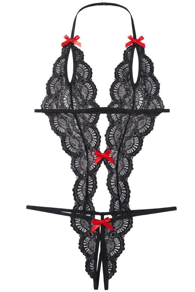Γυναικείο μαύρο teddy body δαντέλα με ανοίγματα και halter λαιμόκοψη