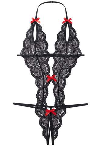 Γυναικείο μαύρο teddy body δαντέλα με ανοίγματα και halter λαιμόκοψη