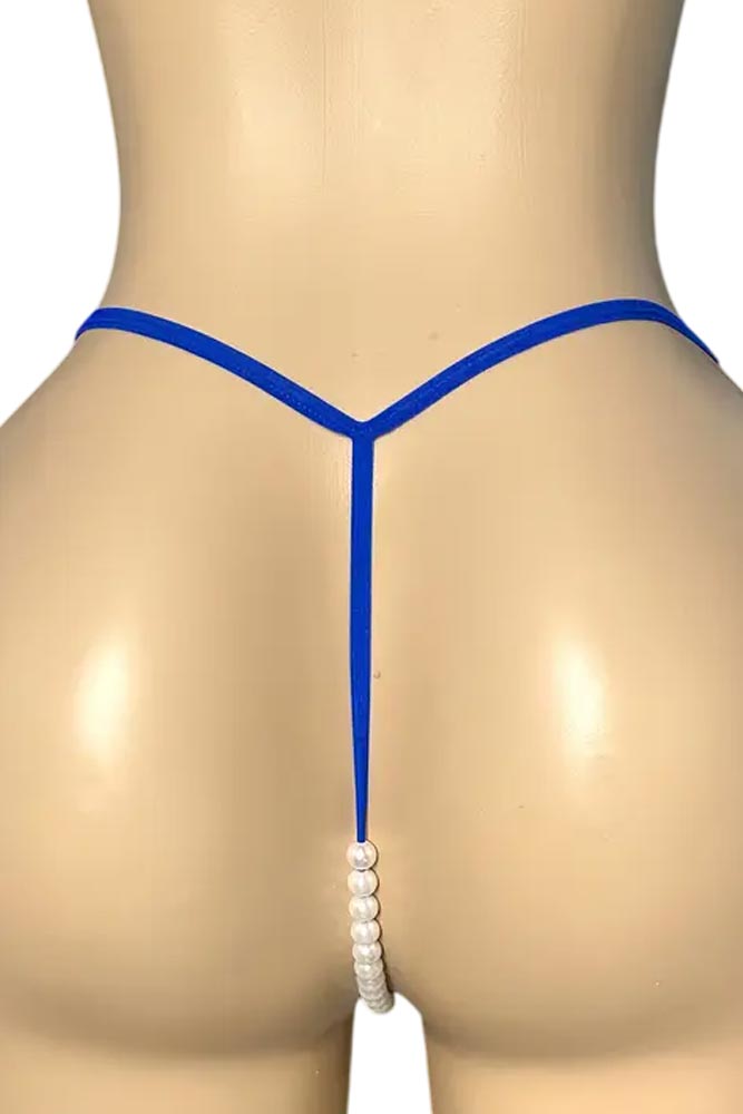 Sexy γυναικείο στρινγκ μπλε απόχρωσης με πέρλες και δαντέλα