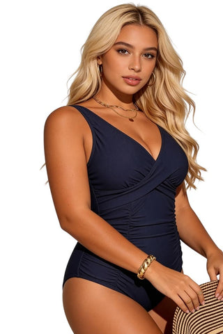 Σκούρο μπλε plus size ολόσωμο μαγιό με ντραπέ σχέδιο