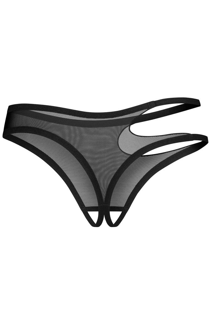 Λεπτομέρεια υφάσματος πίσω όψη στρινγκ Obsessive Saturis – κομψό μαύρο εσώρουχο με διπλές λωρίδες και αισθησιακό στυλ