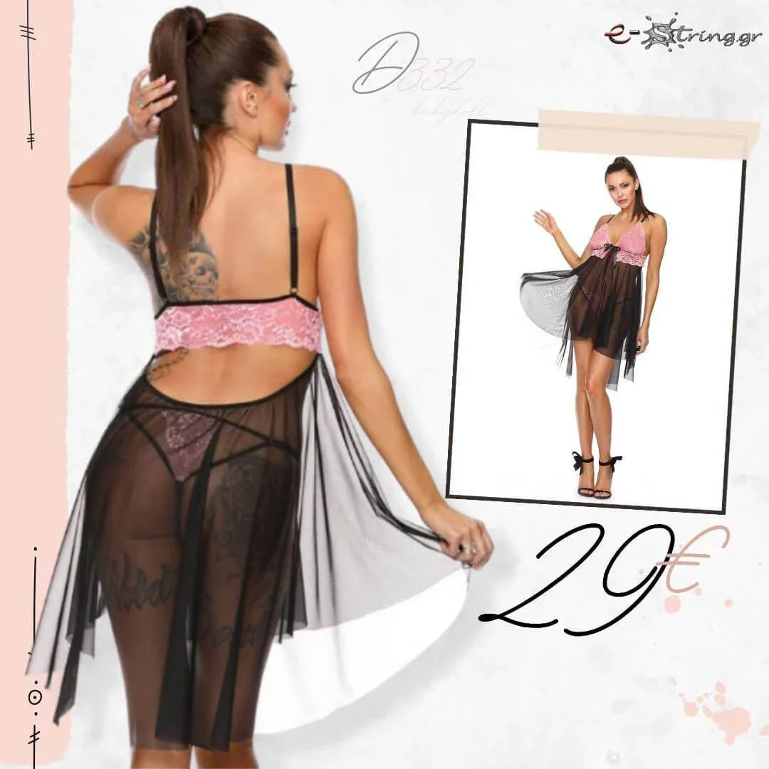 Excellent Beauty - Γυναικείο Babydoll - Excellent Beauty Μαύρο Ροζ D-332 - E-string.gr