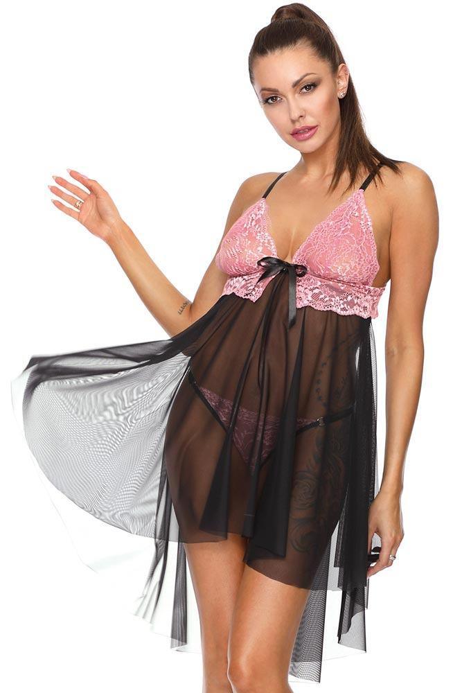 Excellent Beauty - Γυναικείο Babydoll - Excellent Beauty Μαύρο Ροζ D-332 - E-string.gr