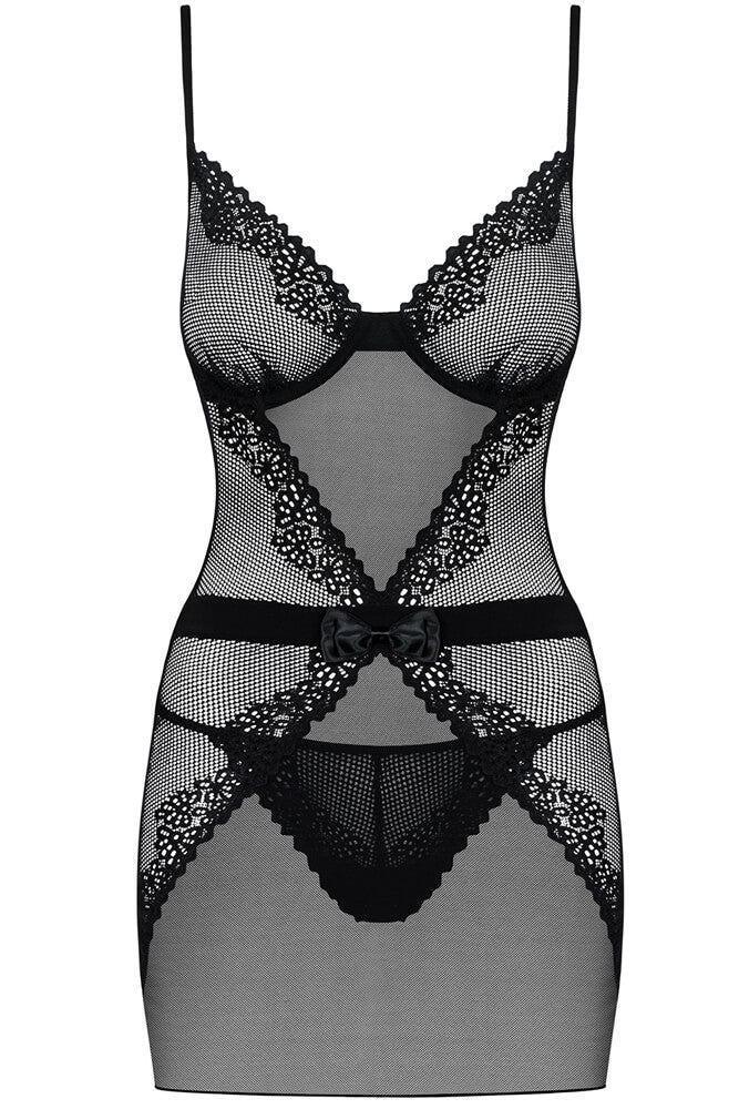 Obsessive - Γυναικείο Babydoll - OBSESSIVE LUSTELLA CHEMISE AND THONG BLACK OB9782 - E-string.gr