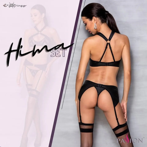 Passion - Γυναικείο σετ εσώρουχα - Passion Hima 3pcs Set Leather Μαύρο PE10381 - E-string.gr