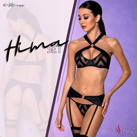 Passion - Γυναικείο σετ εσώρουχα - Passion Hima 3pcs Set Leather Μαύρο PE10381 - E-string.gr