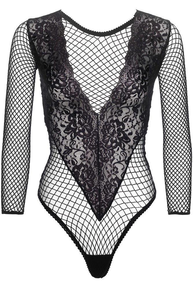 Leg Avenue - Γυναικείο κορμάκι - Leg Avenue Deep V Floral lace & net teddy Μαύρο LG89192 - E-string.gr