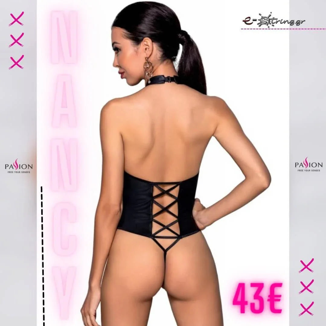 Passion - Γυναικείο κορμάκι - Passion Nancy Body Leather Μαύρο PE10386 - E-string.gr