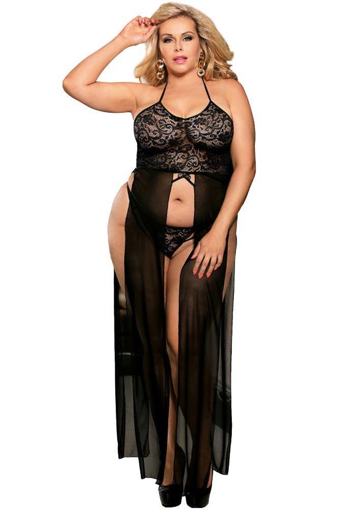 Subblime - Plus Size Μακρυά Ρόμπα - Subblime Peignoir Transparent Μαύρη S-220786 - E-string.gr
