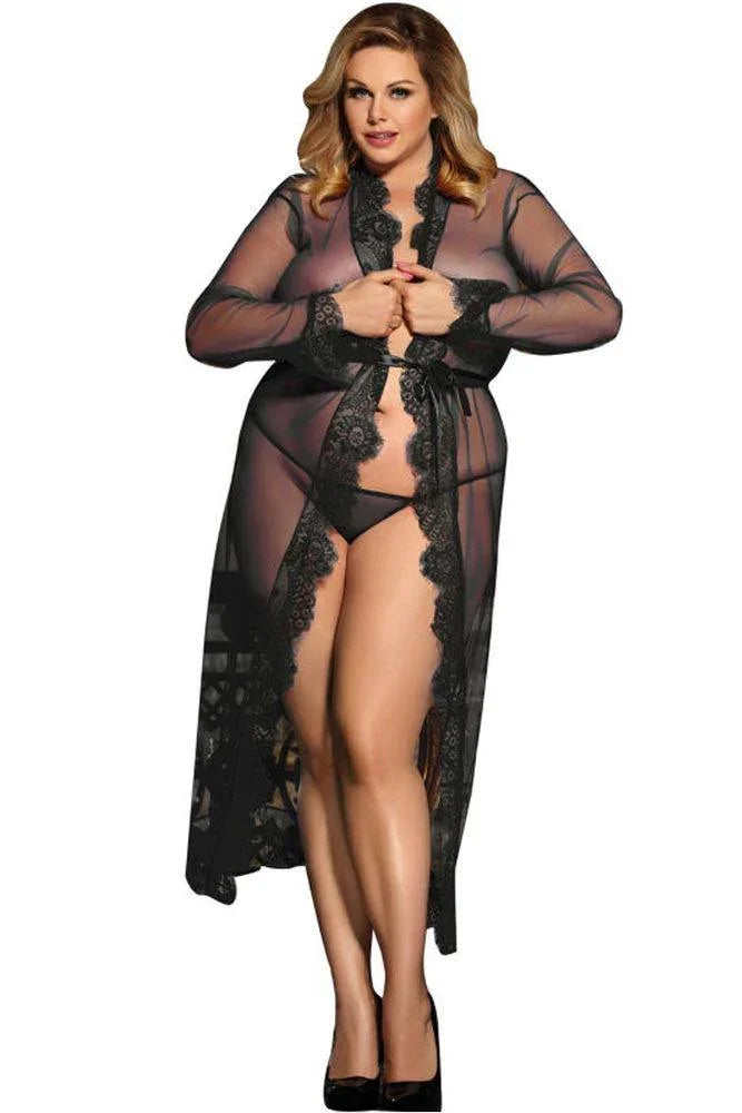 Subblime - Plus Size Μακρυά Ρόμπα - Subblime Peignoir Floral Long Sleeve Μαύρη S-220681 - E-string.gr