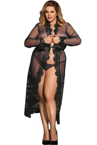 Subblime - Plus Size Μακρυά Ρόμπα - Subblime Peignoir Floral Long Sleeve Μαύρη S-220681 - E-string.gr
