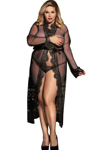 Subblime - Plus Size Μακρυά Ρόμπα - Subblime Peignoir Floral Long Sleeve Μαύρη S-220681 - E-string.gr