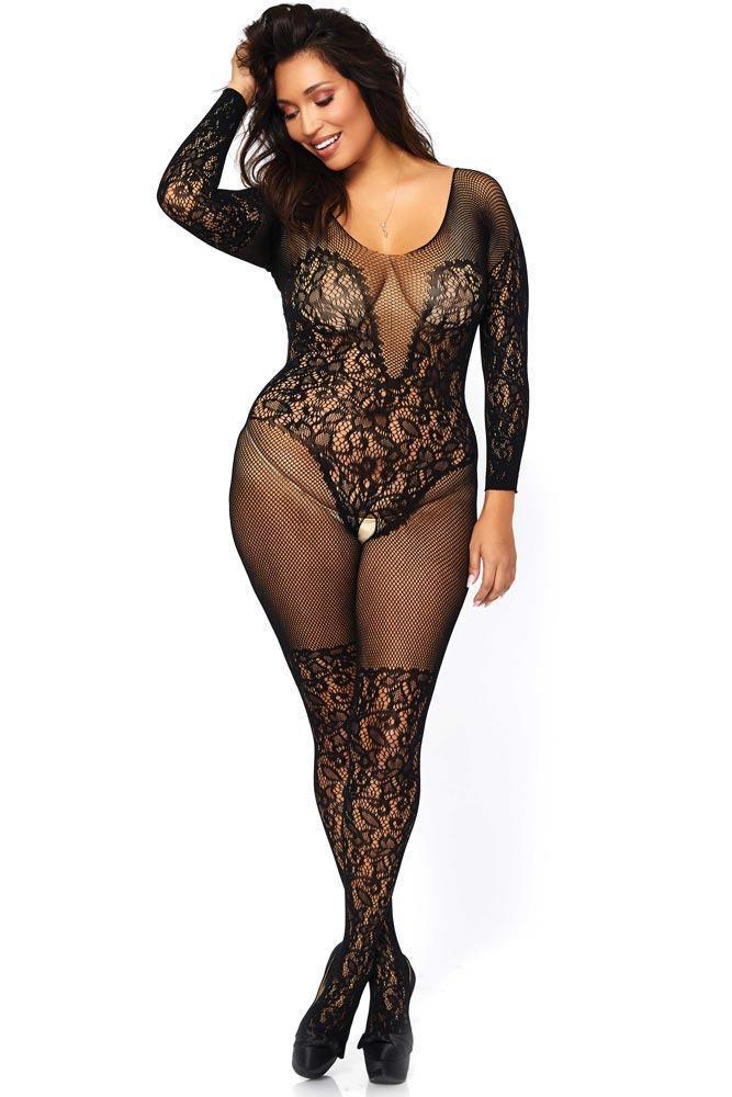 Leg Avenue - Ολόσωμο καλσόν μεγάλο μέγεθος - Leg Avenue Vine lace and net bodystocking Μαύρο LG89190Q - E-string.gr