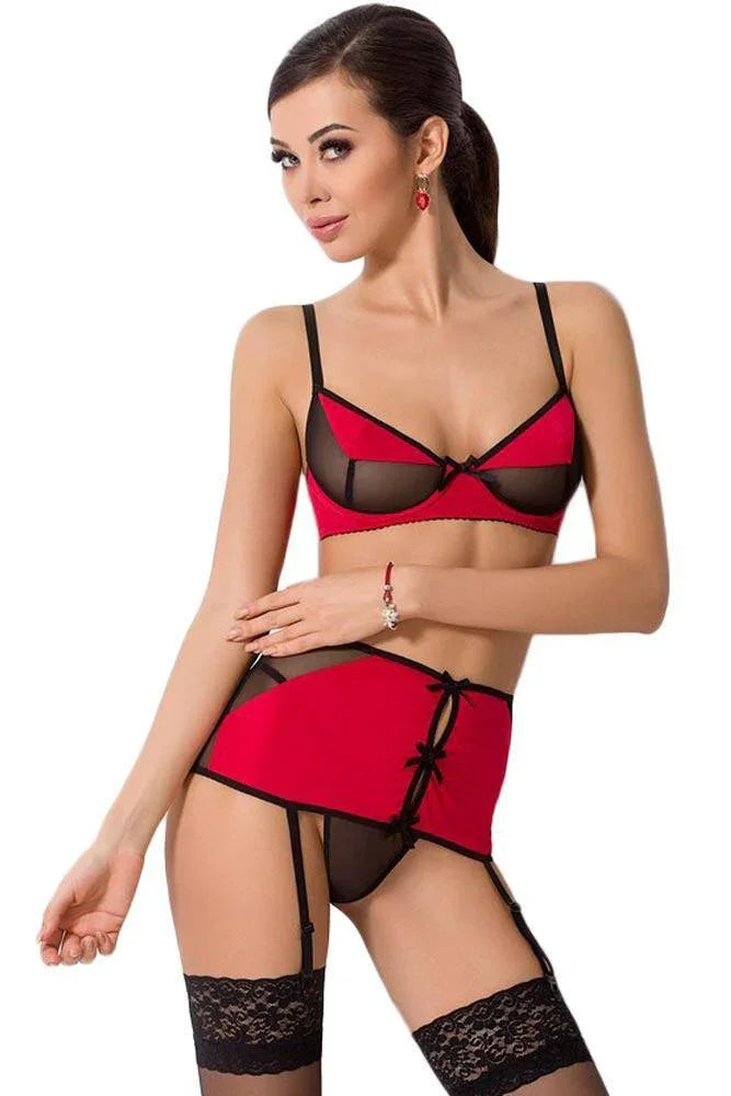 Passion - Γυναικείο σετ εσωρούχων - Passion Sandra Set Μαύρο-Κόκκινο PS0037 - E-string.gr