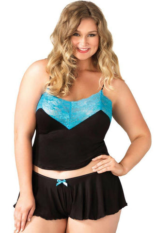 Leg Avenue - PLUS SIZE Σετ - Leg Avenue Jersey cami and boyshorts Μαύρο Γαλάζιο LG8873 - E-string.gr
