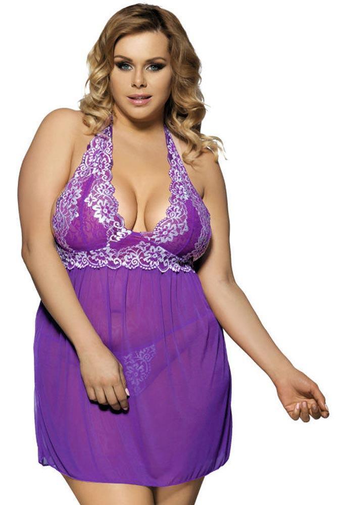 Subblime - Plus Size Babydoll - Subblime Babydoll White Lace Μωβ S-220592 - E-string.gr