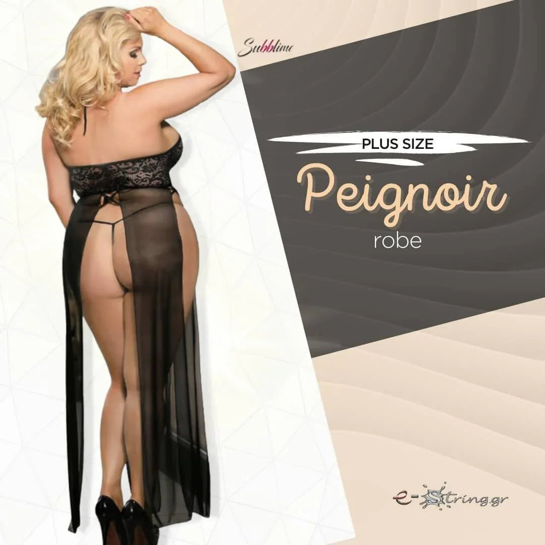 Subblime - Plus Size Μακρυά Ρόμπα - Subblime Peignoir Transparent Μαύρη S-220786 - E-string.gr