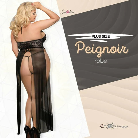 Subblime - Plus Size Μακρυά Ρόμπα - Subblime Peignoir Transparent Μαύρη S-220786 - E-string.gr