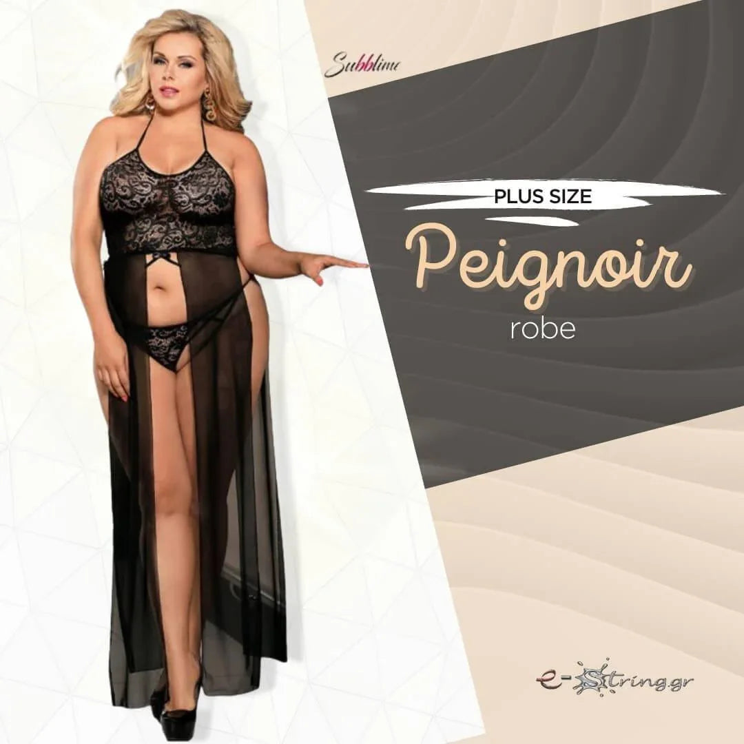 Subblime - Plus Size Μακρυά Ρόμπα - Subblime Peignoir Transparent Μαύρη S-220786 - E-string.gr