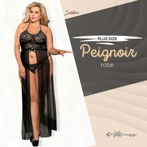 Subblime - Plus Size Μακρυά Ρόμπα - Subblime Peignoir Transparent Μαύρη S-220786 - E-string.gr