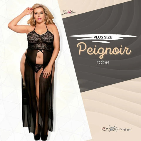 Subblime - Plus Size Μακρυά Ρόμπα - Subblime Peignoir Transparent Μαύρη S-220786 - E-string.gr