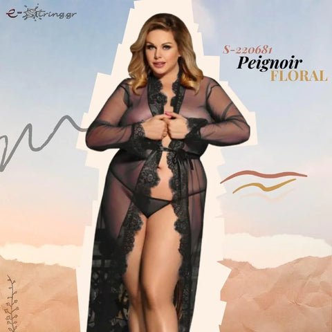 Subblime - Plus Size Μακρυά Ρόμπα - Subblime Peignoir Floral Long Sleeve Μαύρη S-220681 - E-string.gr