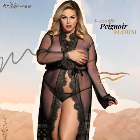 Subblime - Plus Size Μακρυά Ρόμπα - Subblime Peignoir Floral Long Sleeve Μαύρη S-220681 - E-string.gr