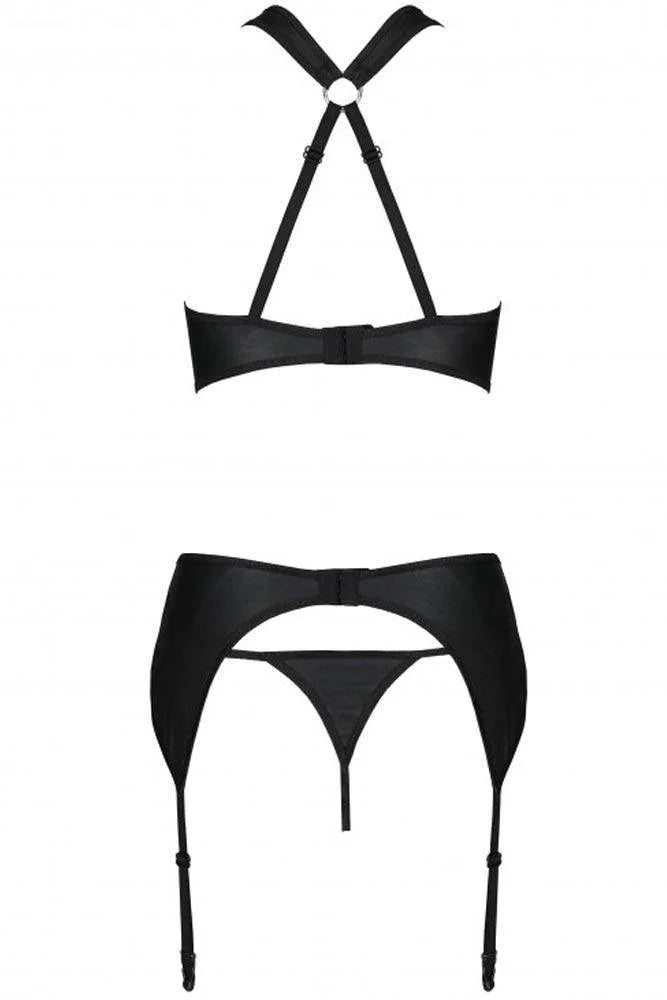 Passion - Γυναικείο σετ εσώρουχα - Passion Hima 3pcs Set Leather Μαύρο PE10381 - E-string.gr