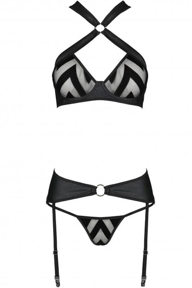 Passion - Γυναικείο σετ εσώρουχα - Passion Hima 3pcs Set Leather Μαύρο PE10381 - E-string.gr