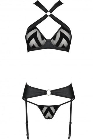 Passion - Γυναικείο σετ εσώρουχα - Passion Hima 3pcs Set Leather Μαύρο PE10381 - E-string.gr