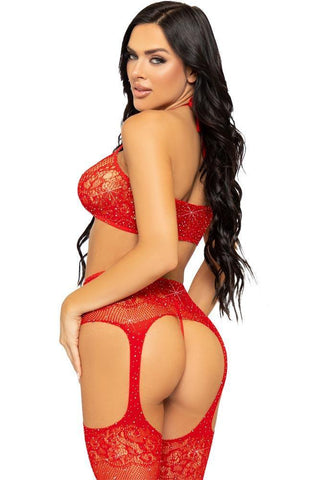 Leg Avenue - Γυναικείο σετ εσώρουχα - Leg Avenue Bra, string and stockings Κόκκινο LG81656-Red - E-string.gr
