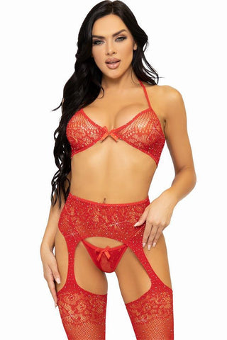 Leg Avenue - Γυναικείο σετ εσώρουχα - Leg Avenue Bra, string and stockings Κόκκινο LG81656-Red - E-string.gr